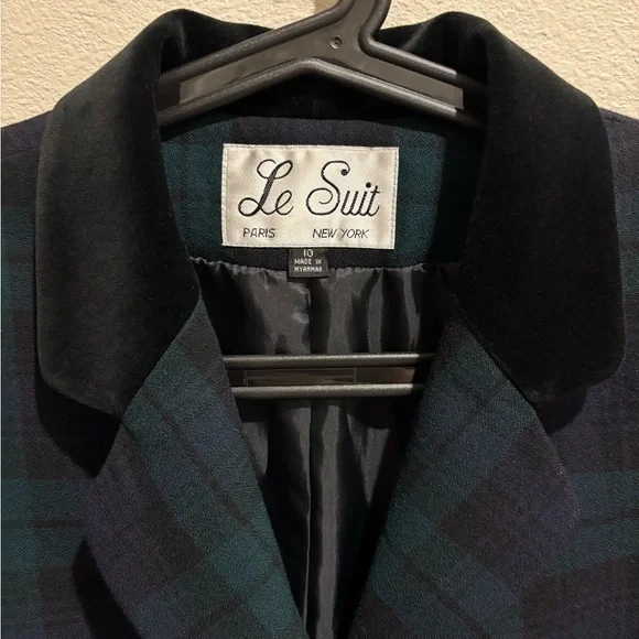 Vintage Le Suit Women's Navy and Green Tartan Blazer Size 10 - Picture 3 of 5